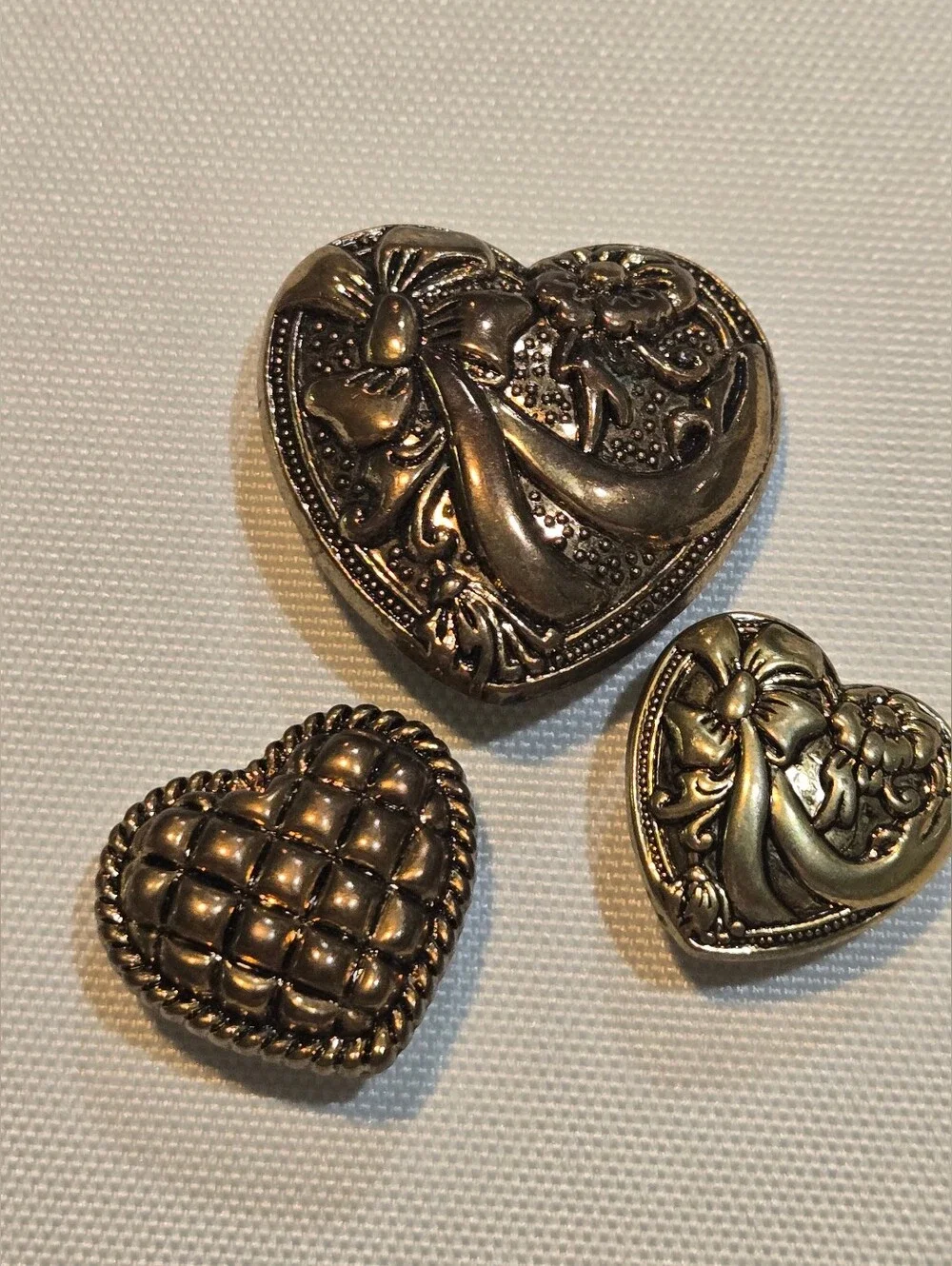 Vintage Heart Button Covers Set of 3 Silver Tone Mixed Design Bow Floral & Woven